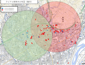 高槻市のクビアカツヤカミキリ被害分布図（令和5年最終）