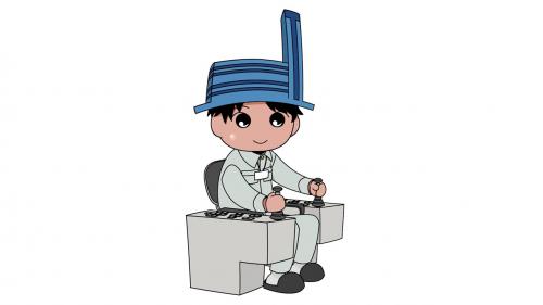 クレーンを運転するマスコットキャラクターまもるん