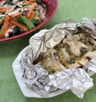 鶏むね肉のニラみそ焼、ビーフン
