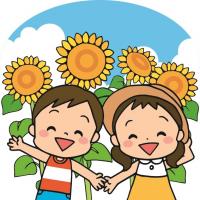 ヒマワリをバックに笑う女の子と男の子のイラスト