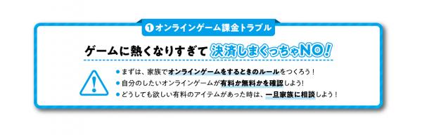 ゲームに熱くなりすぎて決済しまくっちゃノー！1、まずは、家族でオンラインゲームをするときのルールをつくろう！2、自分のしたいオンラインゲームが有料か無料かを確認しよう！3、どうしても欲しい有料のアイテムがあった時は、一